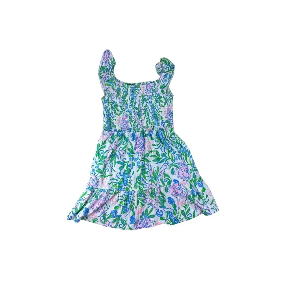 Lilly Pulitzer Girls Floral Smocked Dress Pink Blue Green Size Large L